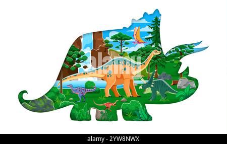 Papierschnitt prähistorische Dinosaurier-Silhouette, 3D-Vektor-Rahmen mit Dino-Arten. Chasmosaurus, dimorphodon, Apatosaurus, Alektrosaurus und Alvarezsaurus in üppiger Umgebung mit Wasserfällen, Felsen und Bäumen Stock Vektor