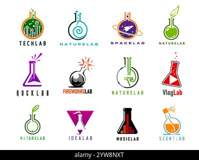Wissenschafts- und Kunstlabor-Symbole. Laborglaskolben, Reagenzglas oder Becher isolierte Vektorsymbole mit grünem Blatt, Apfel, Mikroskop und Raumschiff. Schilder für Wissenschaft, Natur, Weltraum, Technik und Musik Stock Vektor