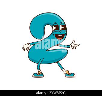 Mathe Nummer zwei groovige Figur in Retro-Cartoon, Vektor-Comic-Zahl. Groovige Nummer 2 mit funky Gesicht und albernem Lächeln oder Lachen für psychedelische Zeichentrickmathematik Zahlencharakter Stock Vektor