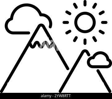 Symbol der Berglinie. Besteigen Sie Gipfel mit Sonne und Wolken, die Vektorzeichen umrahmen. Piktogramm Natur Landschaft linear. Symbol, Logo-Abbildung. Bearbeitbar Stock Vektor