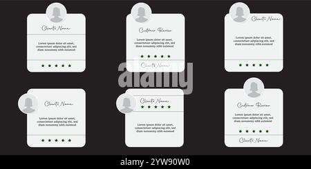 Quadratische Vektorvorlagen für Kundenfeedback, beigefarbener Hintergrund mit Sprechblasen, Sternen und Benutzersymbolen. Entwickelt für Rezensionen in sozialen Medien Stock Vektor