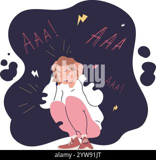 Posttraumatische Belastung. Traurige Frau psycho obsessive zwanghafte Probleme, psychische Störung ptsd Depression traumatische Schmerzen Angst Einsamkeit besessene Person Vektor Illustration Original Kunstwerk Stock Vektor