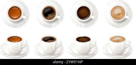 Realistische Kaffeetassen. Aroma Morning Coffee Tassen mocken oben mit Koffein Espresso Cappuccino Latte, Porzellanbecher Heißgetränk von der Oberseite Seitenansicht, 3D Cafe Break Set exakte Vektor Illustration Original Artwork Stock Vektor