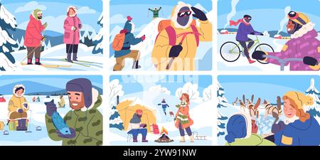Menschen im Winter wandern. Schnee Natur Tour, Kletterer Touristen Kaltschnee Wanderung Expedition Klettern zum Berggipfel, Camp Skifahren Eis Angeln Fahrrad Reise Klasse Vektor Illustration Original Kunstwerk Stock Vektor