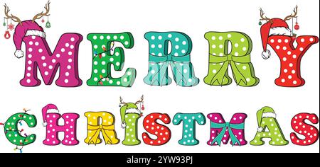 Merry Christmas 3D Text mit Weihnachtsmütze und Lichtern Stock Vektor