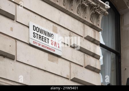 London, Großbritannien - 19. Oktober 2024 - Downing Straßenschild in London Stockfoto