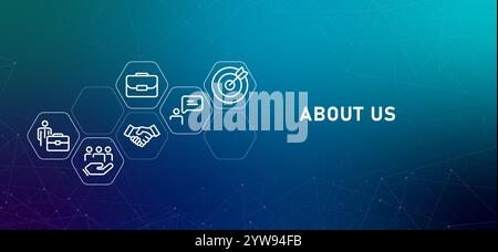 Über uns Unternehmensprofil Verlaufsüberschrift Unternehmensinformationen Kommunikation Geschäftsdesign Umrisssymbol mit blauem Hintergrund Stock Vektor