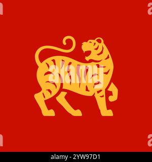 Gestreifter Tiger Brüllen wildes Tier Chinesisches Neujahrssymbol goldene minimalistische Icon Vektor flache Illustration. Wütende Astrologie Säugetier Orientalische Gebärdentradition Stock Vektor