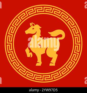 Pferd goldenes Bauernhoftier Chinesischer Neujahrskreis antiker Rahmen verzierte monochrome Icon Vektor flache Illustration. Mustang starker Säugetiercharakter mit m Stock Vektor