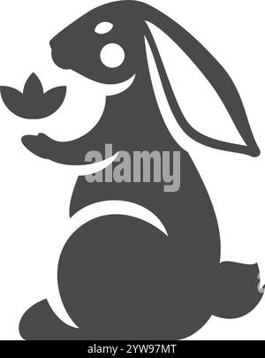 Kaninchenhase mit Blume Frühling netten Charakter monochrome Silhouette Icon Vektor Illustration. Hase sitzend mit Pfoten Schwanz und langen Ohren wildes Tier f Stock Vektor