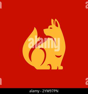Hund Tierkreiszeichen Chinesisches Neujahrssymbol goldene minimalistische orientalische Kultur Urlaub Icon Vektor flache Illustration. Wilde Wolfsfigur Haussäugetier Anima Stock Vektor
