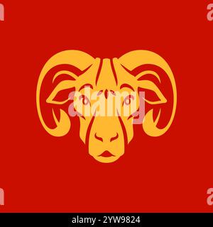 Ziegenbock Mündung mit Hörnern Chinesisches Neujahrsgoldene monochrome Icon Vektor flache Illustration. Schafkopf Portrait Bauernhoftier Maskottchen Asiatisches Horoskop zo Stock Vektor
