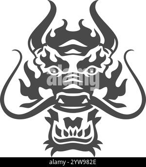 Wütender Mythologie Drache altes Monster mit Hörnern und Schnurrbart Schnurrkopf Porträt monochrome Icon Vektor Illustration. Aggressiver Dinosaurier mit offenem Stock Vektor