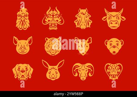 Asiatische Horoskop Tiere Mündung goldene monochrome Icon Satz Vektor flache Illustration. Chinesische Neujahrsfiguren Kopfporträt Asiatische Astrologie Sternzeichen c Stock Vektor