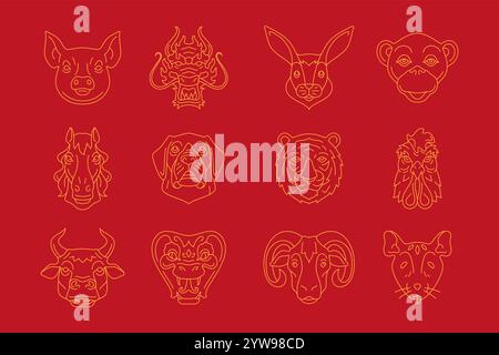 Chinesische Neujahrszeichen Kopf Wohlstand monochrome Linie Icon Satz Vektor Illustration. Asiatische Horoskop Tiere Maul Pferd Hund Drache Tiger rooste Stock Vektor