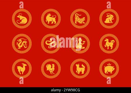 Chinesisches Neujahr traditionelle Horoskop Zeichen Kreis reich verzierten Rahmen Icon Vektor flache Illustration. Asiatische Astrologie Tierkreissymbol Wohlstand Vermögen Stock Vektor