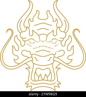 Drachenmündung mit Hörnern und Schnurrbart monochrome Linie Symbol Vektor Illustration. Dinosaurier antike Monster Kopf Porträt Feenschwanz gefährlich aggressiv Stock Vektor