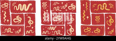 Schlange Chinesisches Neujahrsemblem Set. CNY Zodiac Schlange Mond 2025 modulares Poster isoliert auf weißem Hintergrund. Vektor Hand flach gezeichnet krank Stock Vektor