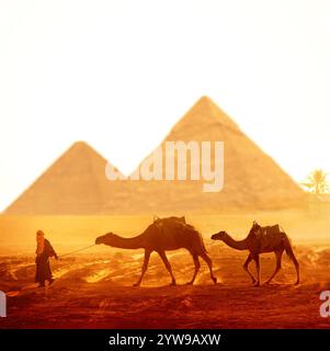 Horizontales Banner mit Kamelkarawane und Pyramiden von Chephren und Cheops, Kairo, Ägypten. Mann mit Dromedar und zwei Pyramiden, Gizeh-Komplex (G Stockfoto