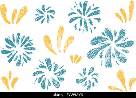 Feuerwerk Zeichnung von Buntstift Set. Bunte Party-Feuerwerkskörper und Spritzer im Scribble-Doodle-Stil isoliert auf weißem Hintergrund. Karnevalsblau und gelb Stock Vektor