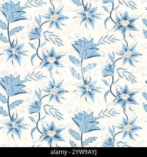 Nahtloses Chintz-Blumenmuster. Hintergrundabdeckung mit Blumenwiederholung. Modernes Wildblumenmotiv mit Oberflächenmuster. Zweige und Plumeria-Wahnsinn Stock Vektor