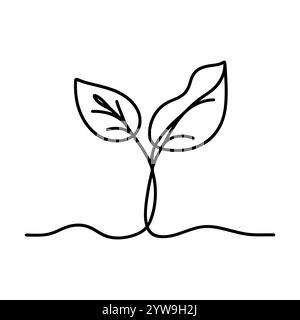 Minimalistische einzeilige Kunst eines Sprosses, der aus dem Boden wächst und Natur, Wachstum und Neuanfänge symbolisiert Stock Vektor