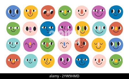 Buntes Gesichter-Set mit Doodle. Abstrakte lächelnde Gesichter. Buntstift zeichnet verschiedene Zeichen. Zeichentrickstil. Flaches Design. Handgezeichnete trendige Illustration. Stock Vektor