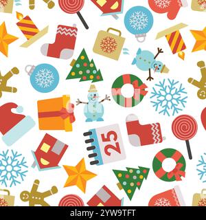 Nahtloses Weihnachtsmuster mit Symbolen im flachen Stil. Vektorabbildung Stock Vektor