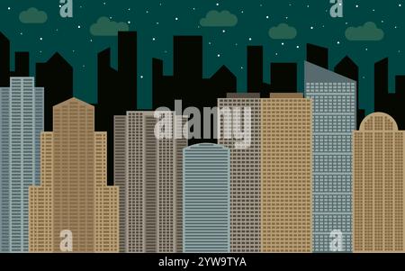 Nächtliche urbane Landschaft. Blick auf die Straße mit Stadtblick, Wolkenkratzern und modernen Gebäuden an sonnigen Tagen. Stadtraum in flachem Hintergrundkonzept. Stock Vektor