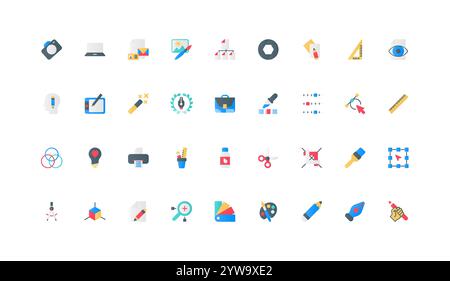 Grafikdesign-Tools und -Software für die Gestaltung von Kunstwerken, kreatives Portfolio an Creator Color Icons. Tablet und Designer projizieren, Formen, Zauberstab und Schere flache Elemente Vektorillustration Stock Vektor