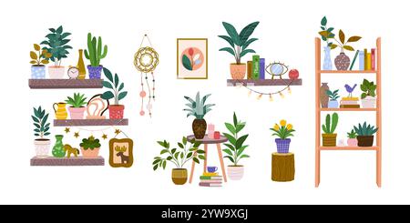Set verschiedener Zimmerpflanzen in Blumentöpfen. Stock Vektor
