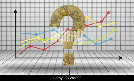 Symbolbild, Bitcoin auf Fragezeichen, Börsenkurse, unsichere digitale Währung, Ressourcen, Energie, Industrie, ökonomisch kritisch, Börsenhy Stockfoto