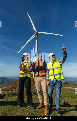 Drei multiethnische Ingenieure, die Sicherheitswesten und Helme tragen, stehen auf einem grasbewachsenen Hügel in der Nähe großer Windräder, auf die ein Techniker zeigt Stockfoto