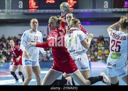 LUBIN, POLEN - 28. FEBRUAR 2024: Qualifikation für das Handball-Europameisterschaft der Frauen zwischen den Nationalmannschaften Polen und Danmark. In Stockfoto