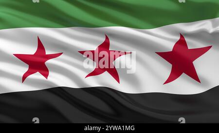 Syrische Oppositionsflagge winkt im Wind. 3D-Abbildung. Syrische Arabische Republik Syrien Flagge der syrischen Opposition Stockfoto