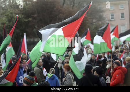 Palästinensische Flaggen werden hoch in der Luft gehalten, während in Dublin ein großer Protest gegen die israelische Aggression im Gazastreifen stattfindet. Parnell Square, Dublin, Irelan Stockfoto