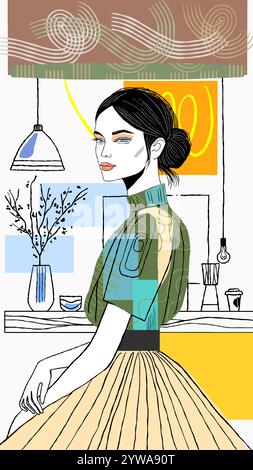 Elegante Frau in stilvollem Outfit im Modern Cafe, handgezeichnete digitale Kunst Stockfoto