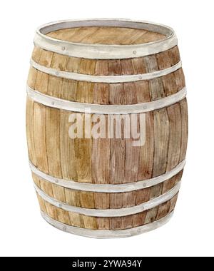 Holzfässer aus Eichenholz zur Aufbewahrung von fermentierten Getränken, Wein oder Bier. Braunes Oktoberfest-Fass in Aquarellfarbe. Rustikales Clipart, Retro-Design. Stockfoto