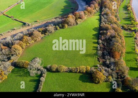 Blick aus der Vogelperspektive auf Ackerland, Herbstlaub und einen kleinen, gewundenen Fluss Stockfoto