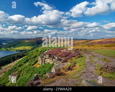 Großbritannien, Derbyshire, Peak District, Blick auf Ladybower Reservoir und Derwent Edge von Bamford Edge. Stockfoto