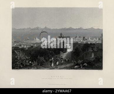 Blick auf Rhodos. Vintage-Illustration des Nahen Ostens von WH Bartlett, um 1840 Stockfoto