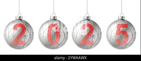 2025 Happy New Year Weihnachtsball isoliert auf weißem Hintergrund. Rote Weihnachtskugel. Stockfoto