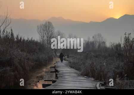 Eine Kaschmiri-Frau spaziert an einem kalten Wintermorgen in Srinagar auf einer frostbedeckten Holzbrücke im Inneren des weltberühmten Dal-Sees. Im Kaschmir-Tal herrschte intensive Kälte, da die Mindesttemperatur mehrere Grad unter den Gefrierpunkt fiel. Die Hauptstadt der Region Srinagar verzeichnet die kälteste Nacht der Saison bei minus 5,4 Grad Celsius (41,72 Grad Fahrenheit), berichteten Wetterbeamte in der Himalaya-Region. Stockfoto