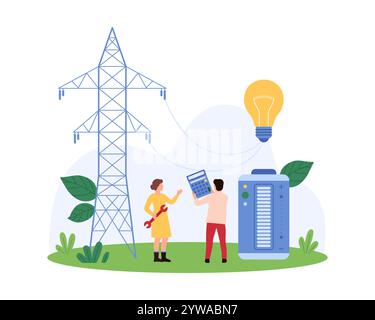 Die Mitarbeiter verwalten Energiesysteme mit einer riesigen Stromleitung, Batterie und Glühbirne. Ein Arbeiter verwendet einen Rechner, ein anderer hält einen Schraubenschlüssel, um die Vektorillustration für effizientes Energiemanagement hervorzuheben Stock Vektor