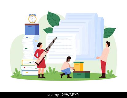 Das Team organisiert umfangreiche Dokumente mit großen Akten und Stiften. Die Szene umfasst Arbeiter, die Lagerboxen und eine Uhr handhaben, wobei systematische Ablage und Dokumentationsvektorgrafik hervorgehoben werden Stock Vektor