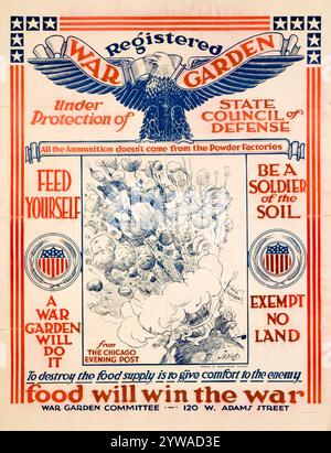 American, WW1, Food Production Poster: Registered war Garden, Food will Win the war of the war von JN Dingo, 1918 Stockfoto