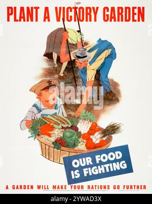 Amerikanisch, 2. Weltkrieg, Poster zur Lebensmittelproduktion: Pflanzen Sie einen Siegesgarten, unser Essen kämpft, 1943 Stockfoto