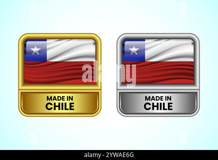 Das Label „Made in Chile“ ist in Gold und Silber gehalten. Flaggensymbolgruppe für Unternehmen Stock Vektor
