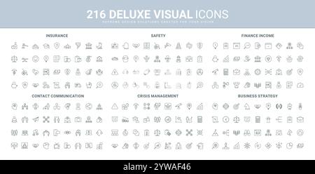 Geschäftsstrategie und Vision von Trends, Symbolgruppe für Finanzeinkommen. Investitionsrisiko und Sicherheitsrisiko, Versicherungsdokument, Kommunikation und Beziehungen dünne schwarze Umrisssymbole Vektorillustration Stock Vektor