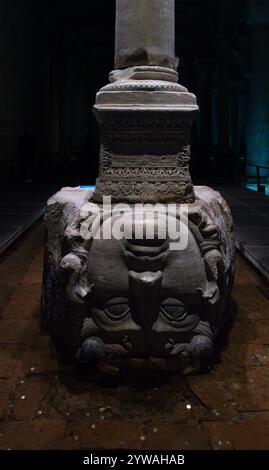 Skulptur der Kopf der Medusa, Yerebatan Sarayi, byzantinische Basilika Zisterne in Sultanahmet, Istanbul, Türkei Stockfoto